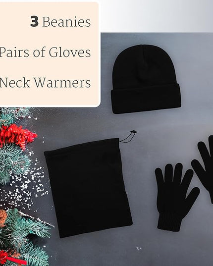 9 Pack Winter Beanies, Gloves, Neck Warmers Combo Set Unisex Adults Stretchy Thick Knit