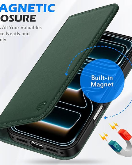 SHIELDON Genuine Leather Wallet Case for iPhone 17 Pro 6.3" 2025 | Flip | Kickstand | RFID Blocking Credit Card Holder | Magnetic | Shockproof TPU Inner Phone Shell | Evergreen