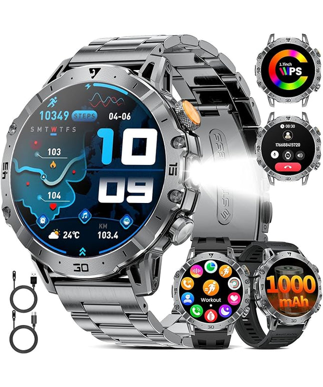 SUNKTA Smart Watch for Men(3 Bands),1.7" HD Large Display/1000mAh Smart Watches with LED Flashlight for Android iOS (Call Answer/Calls) Fitness Tracker with Heart Rate/Sleep Tracking/IP68 Waterproof