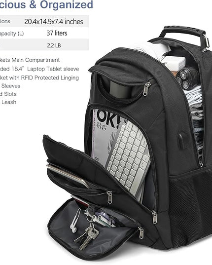 Extra Large Laptop Backpack for Men,37L Gaming Laptop Backpack,18.4Inch Travel Backpack with USB Charging Port, Business Flight Approved -Big Capacity Computer Bag College Bookbag, Black Black