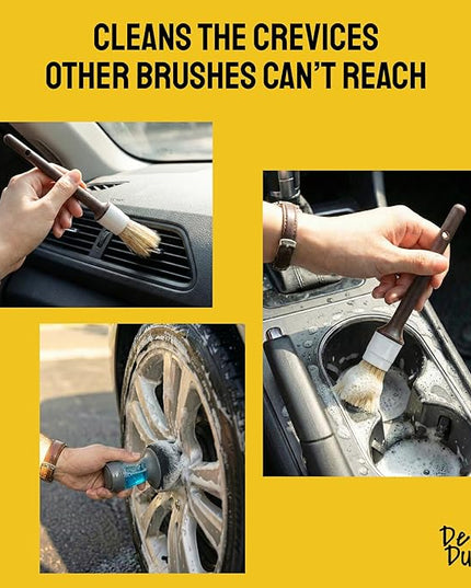 Boar Hair Detailing Brush Set - 9-Pack - Includes Wheel, Tire Brush & Tire Dressing Applicator - Soft Boar Hair Bristles - Scratch-Free Car Wash - Crevice Tools for Vents & Emblems