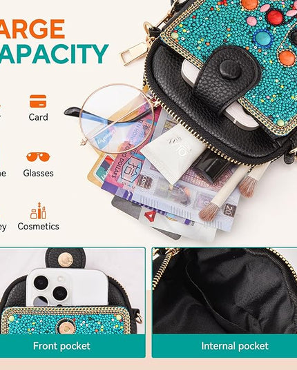 Women's Small Crossbody Cell Phone Bag, Boho Colorful Beaded Purse Wallet with Handmade Cute Patterns