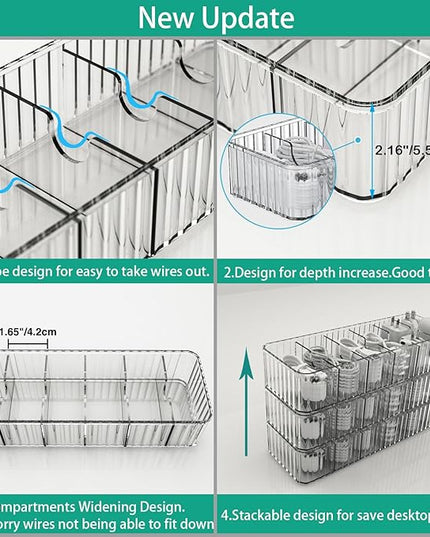 Cable Storage Boxes Organizers 2 Pack,Cord Charger Storage Organizer Box Case with 20pcs Cable Ties,Stackable,Clear