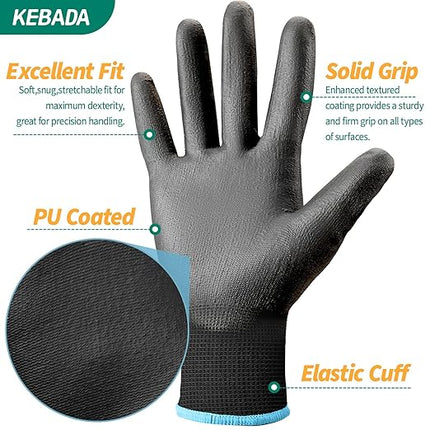 Kebada Safety Work Gloves,240 Pairs Bulk Pack, PU Coated, Ideal for Warehouse, Construction, Gardening and Mechanics, Black, Small