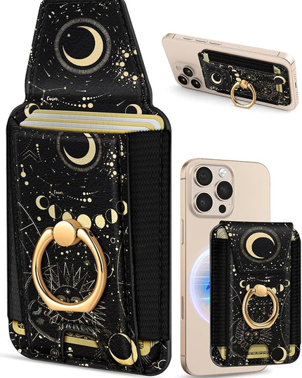 Shorogyt Compatible with Magsafe Wallet Magnetic Card Holder - Cute Phone Wallets with Ring Stand for iPhone 17/16/15/14/13/12 Series for Women Girls Start Moon Design, Fit 7 Cards
