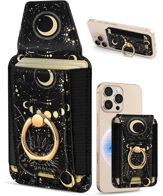Shorogyt Compatible with Magsafe Wallet Magnetic Card Holder - Cute Phone Wallets with Ring Stand for iPhone 17/16/15/14/13/12 Series for Women Girls Start Moon Design, Fit 7 Cards