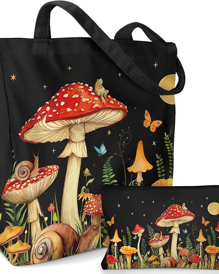 Aesthetic 2 Pack Canvas Tote Bag - with Makeup Pouch Bag for Women Reusable Grocery Bag for Gym, Travel, Work