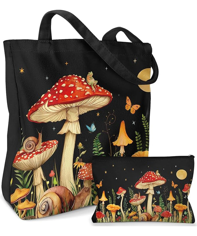 Aesthetic 2 Pack Canvas Tote Bag - with Makeup Pouch Bag for Women Reusable Grocery Bag for Gym, Travel, Work