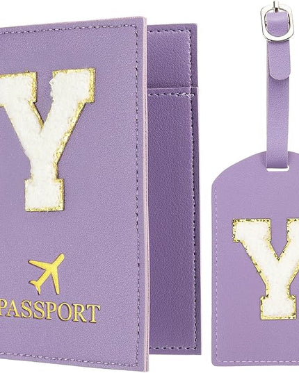 PATIKIL Passport Holder for Travel, Initial Passport Cover and Luggage Tag Set with Alphabet Chenille Letter Patch Travel Wallet Bag Suitcase Identifier for Women Family Travel Purple Y