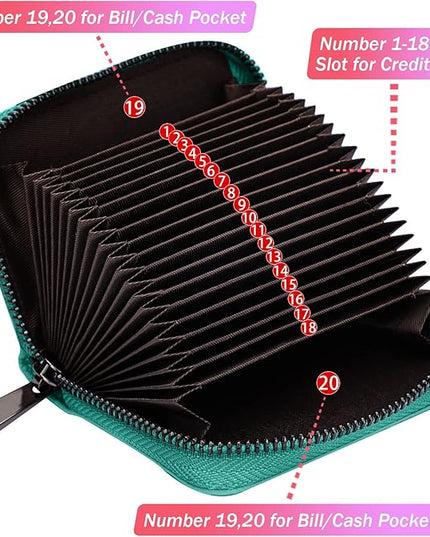 Linno RFID 20 Slots Credit Card Holder Genuine Leather Small Wallet for Women or Men with Zipper