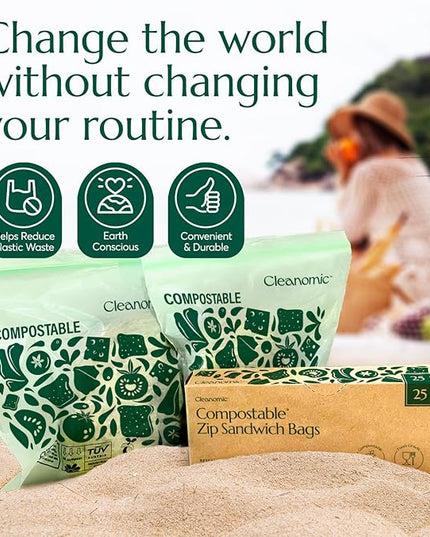 Cleanomic Compostable* Sandwich Size Food Storage Bags (25 Eco Zip) Freezer and Leak Proof, Also Available Gallon, Quart and Snack Size Bags