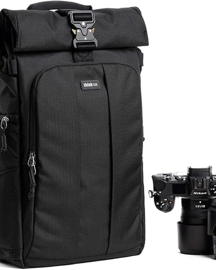 Think Tank FocusPoint 22L RollTop Camera Backpack - Asphalt Black: Expandable Travel & Camera Backpack with Laptop Sleeve, Quick Side and Back Access, Rain Cover – Versatile Photography & Travel Bag