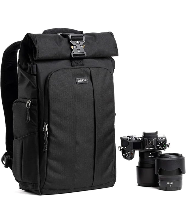 Think Tank FocusPoint 22L RollTop Camera Backpack - Asphalt Black: Expandable Travel & Camera Backpack with Laptop Sleeve, Quick Side and Back Access, Rain Cover – Versatile Photography & Travel Bag