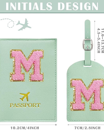 COSHAYSOO Initial Passport Cover Luggage Tag Set Letter Passport Holder Airplane Cruise Travel Essentials Vacation Traveling Accessories Personalized Gifts for Women Teen College Girls Teal M