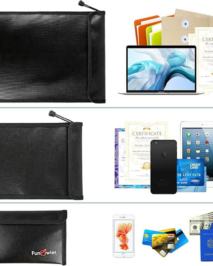 FunOwlet Fireproof Waterproof Document Bag – 3 Pack Fire and Water Resistant Zipper Storage Organizer & Money Safe Pouch Set for Important Papers, Cash, Passports, Jewelry & Electronics (Black)