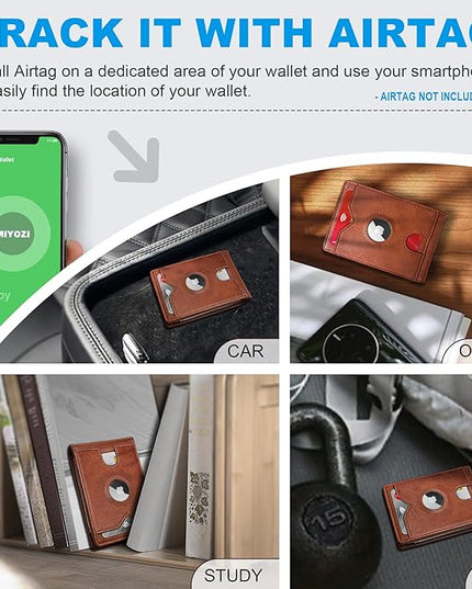 miyozi Airtag Wallet for Men,with Cash Pocket 2 ID Window 13 Cards,Slim Leather Wallet Front Pocket Card Holder RFID Blocking with Gift Box