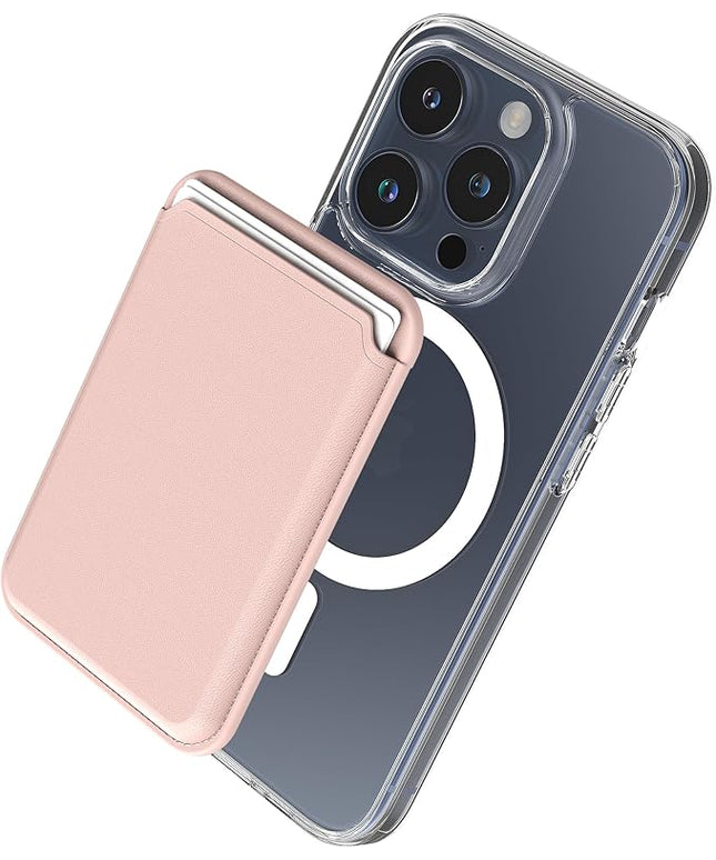 Sinjimoru Magnetic Card Wallet, Premium Vegan Leather Phone Wallet for MagSafe 3-Card Holder Compatible with iPhone 17 Pro Max Air 16 15 14 13 Series. M-Viica Basic Pink Sand