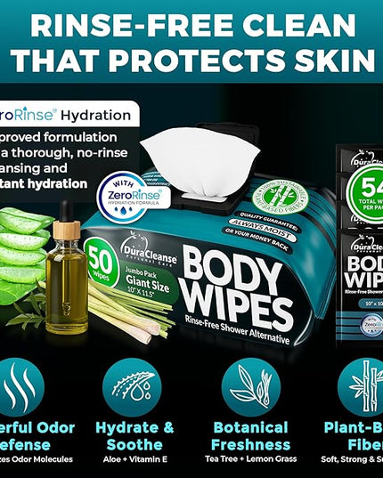 Body Wipes for Men (2pk) - 100 XL No Rinse Shower Sheets + 8 Travel Bath Wipes - 10 x 11.5" After Gym Adult Washcloths - Mens Deodorant & Face Towels For Camping Essentials, Survival Gear and Supplies