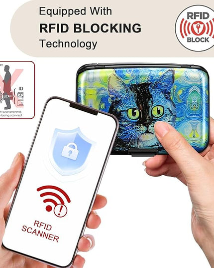 ELFISH Mini RFID Aluminum Wallet Credit Cards Holder Business Card Case Metal ID Case for Men Women(Blue Cat)