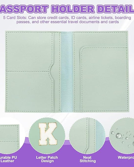 PATIKIL Passport Holder for Travel, Initial Passport Cover and Luggage Tag Set with Alphabet Chenille Letter Patch Travel Wallet Bag Suitcase Identifier for Women Family Travel Green K