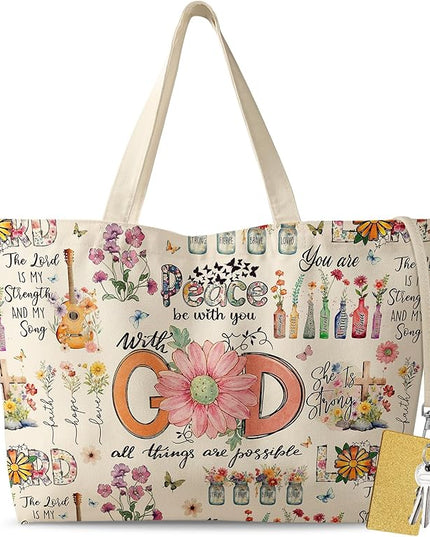 Large Tote Bag for Women - Aesthetic Cute Big Canvas Bags with Zipper Cotton Shoulder Bag for Gym, Travel, Work