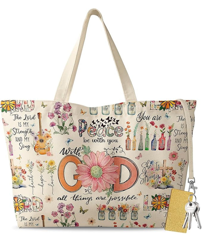 Large Tote Bag for Women - Aesthetic Cute Big Canvas Bags with Zipper Cotton Shoulder Bag for Gym, Travel, Work