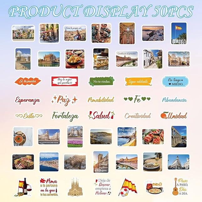 Spain Travel Stickers for Adults- 50 Pcs Spanish Landmark Souvenirs Water Bottle Stickers, Flag Waterproof Scrapbook Decals, Vinyl Sticker for Luggage Laptop Journaling