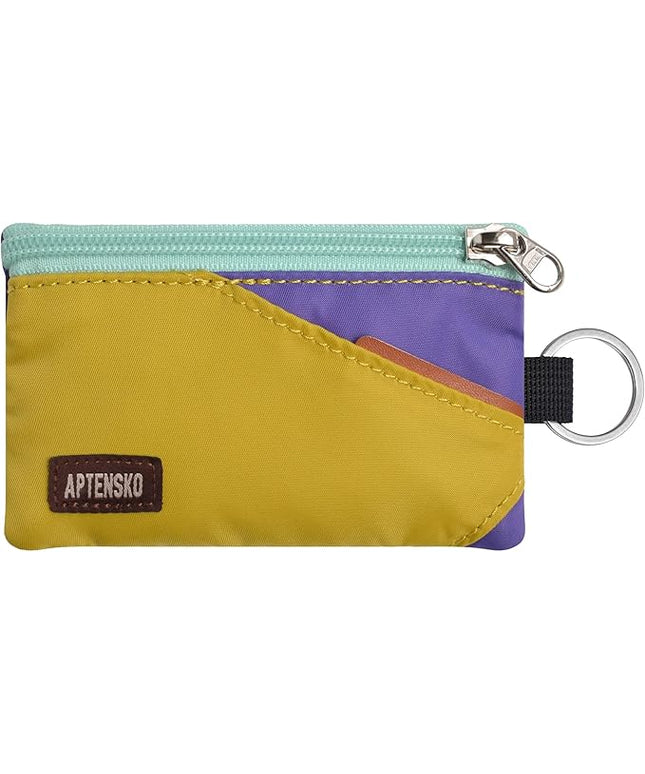 RFID Travel Wallet with Adjustable Lanyard-Zipper Small Wallet with ID Card Holder, Keychain for women&men-Minimalist Slim Waterproof Nylon case for ID, Cash, Key (DarkYellow+Violet)