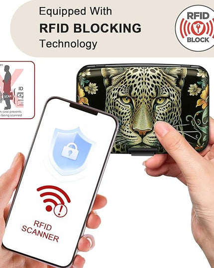 ELFISH Mini RFID Aluminum Wallet Credit Cards Holder Business Card Case Metal ID Case for Men Women(Black Leopard)