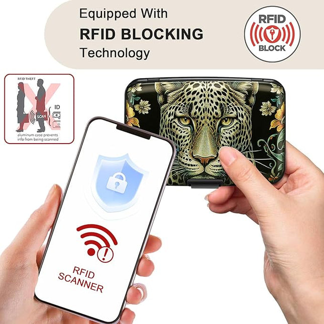 ELFISH Mini RFID Aluminum Wallet Credit Cards Holder Business Card Case Metal ID Case for Men Women(Black Leopard)