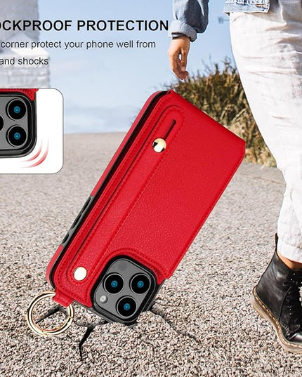 Folosu for iPhone 16 Pro Max Wallet Case with Card Holder, Hand Wrist Strap Loop Holder Kickstand, RFID Blocking Finger Grip Ring PU Leather Double Buttons Shockproof Cover 6.9" Red