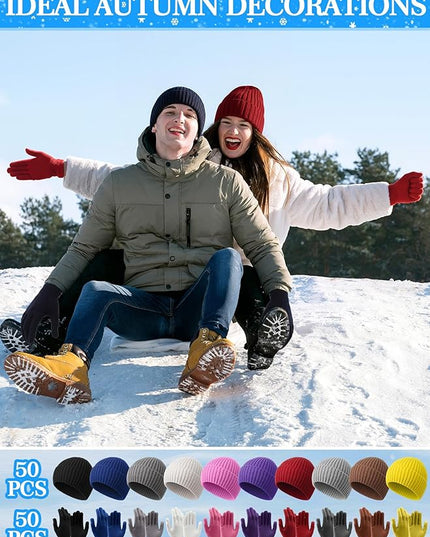 Chicingyou Winter Hats and Gloves Beanies Set Bulk Adults Women Men Unisex Knit Beanie Thermal Gloves for Homeless Gifts