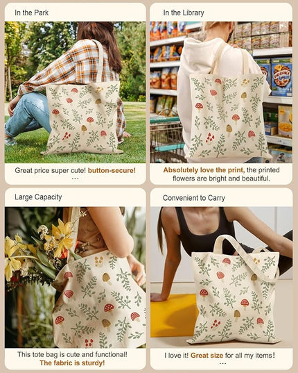 Aesthetic Tote Bag for Girls - with Magnetic Buckle and Zipper Inner Pocket for Women Lady Canvas Cotton Tote Bag