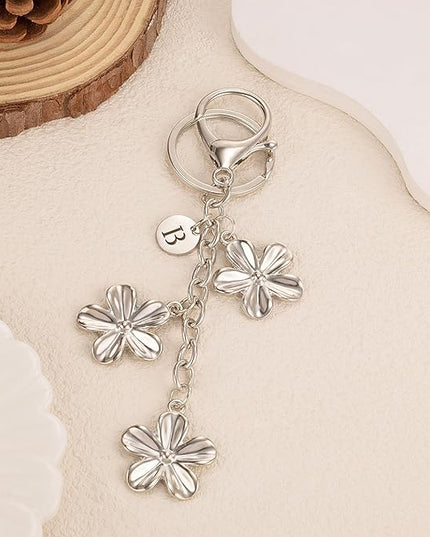 XGALBLA Gold/Silver Initial Keychain Flower Charms for Key Cute Letter Keyring for Purse Handbag Backpack