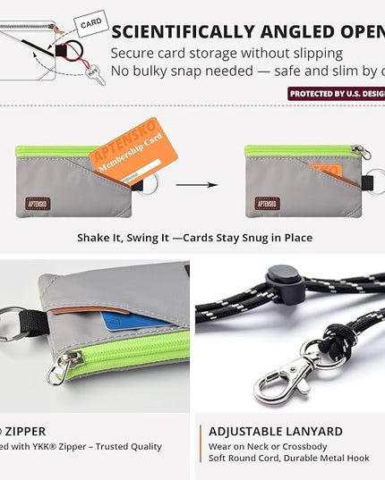 RFID Travel Wallet with Adjustable Lanyard-Zipper Small Wallet with ID Card Holder, Keychain for women&men-Minimalist Slim Waterproof Nylon case for ID, Cash, Key (Grey)