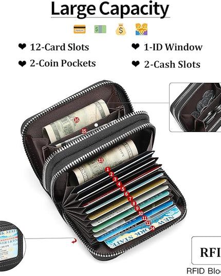 RNIEGA Credit Card Holder Wallet RFID Blocking Leather Small Wallet for Women Double Zipper Wallet with ID Window