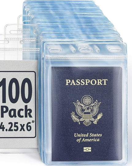 EcoEarth Passport & Identification Card Holders with Soft Edge (Clear, 4x6 Inch, 100 Pack), Extra Large Vertical ID Holder, Zipperless Plastic Name Badge Holders