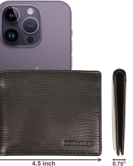 BOTANNER Genuine Leather Mens Bifold Wallet RFID Blocking 5 Credit Card Slots 1 ID Window 2 Sections for Bills 2 Additional Slots | Ink Black
