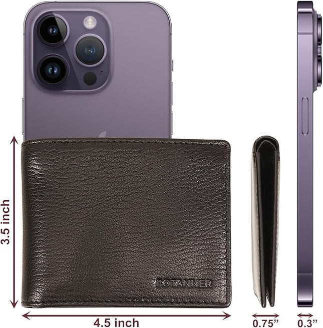 BOTANNER Genuine Leather Mens Bifold Wallet RFID Blocking 5 Credit Card Slots 1 ID Window 2 Sections for Bills 2 Additional Slots | Ink Black