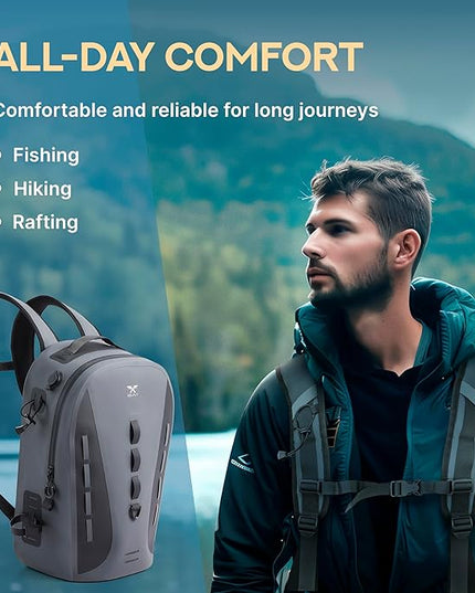 Xelfly Waterproof Fishing Backpack G2 with Rod Holder, Inflatable Air Valve, Padded Waist Straps & Gear Loops - Submersible Zipper, Rugged Top Handle, Adjustable Attachments (Gray)