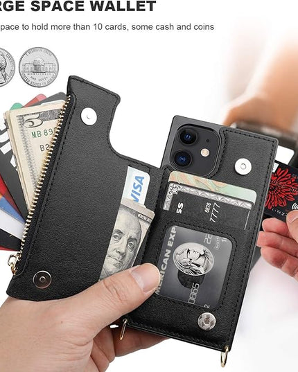Bocasal Crossbody Wallet Case for iPhone 12 Mini with Card Holder,Zipper Card Slot Protector Shockproof Purse Cover with Removable Cross Body Strap 5.4 Inch(Black)