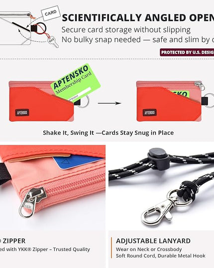 RFID Travel Wallet with Adjustable Lanyard-Zipper Small Wallet with ID Card Holder, Keychain for women&men-Minimalist Slim Waterproof Nylon case for ID, Cash, Key (BlazingOrange+CoralBlush)