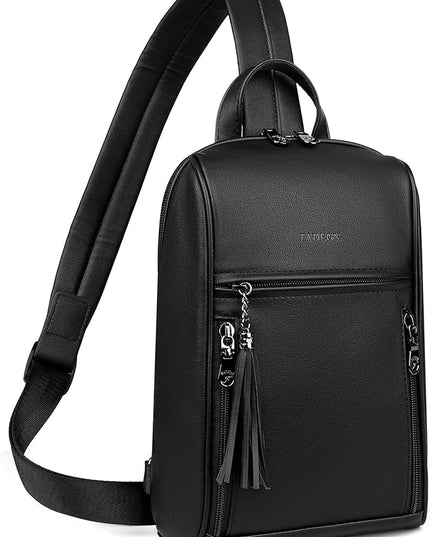 FADEON Sling Bag for Women, Crossbody Backpack with Tassels, Designer Leather Shoulder Chest Bags for Travel