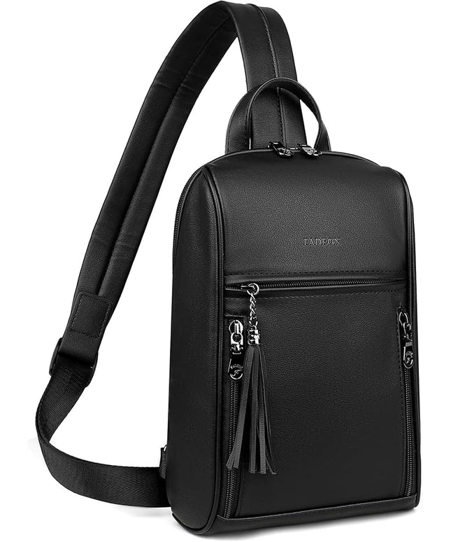 FADEON Sling Bag for Women, Crossbody Backpack with Tassels, Designer Leather Shoulder Chest Bags for Travel