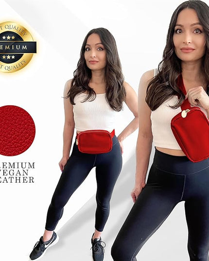 DANCOUR Vegan Leather Belt Bag for Women – Red Fanny Pack Crossbody, Stylish Large Waist Bag, Trendy Crossbody Belt Bag, Everywhere Fanny Pack for Travel, Fashionable Faux Leather Bag