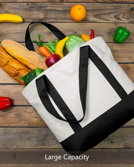 TOPDesign 3-Pack Canvas Tote Bags with an External Pocket, Reusable Grocery Shopping Bags, Top Zipper Closure, Daily Essentials (Black/Natural)