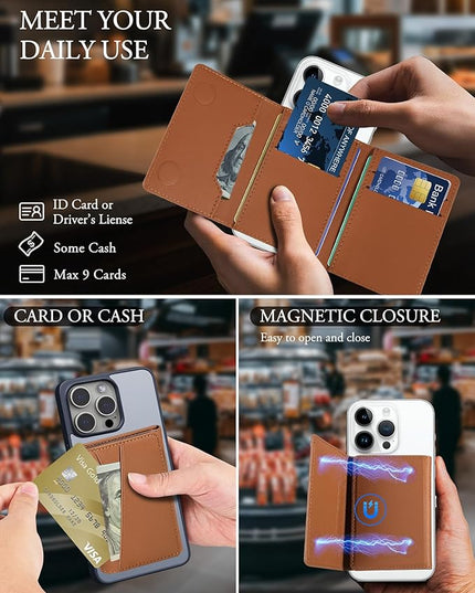 TopMade for MagSafe Wallet, Strongest Magnetic Card Holder for iPhone 17/16/15/14/13/12 Series, Minimalist Leather Trifold Magnetic Wallet for Phone Case, 9 Cards Holder, RFID Blocking, Brown