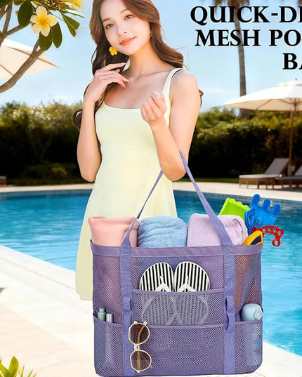 Mesh Beach Bag, Large Beach Tote with Zipper Pocket, Toys Pool Bag for Family Travel Vacation Cruise Essentials