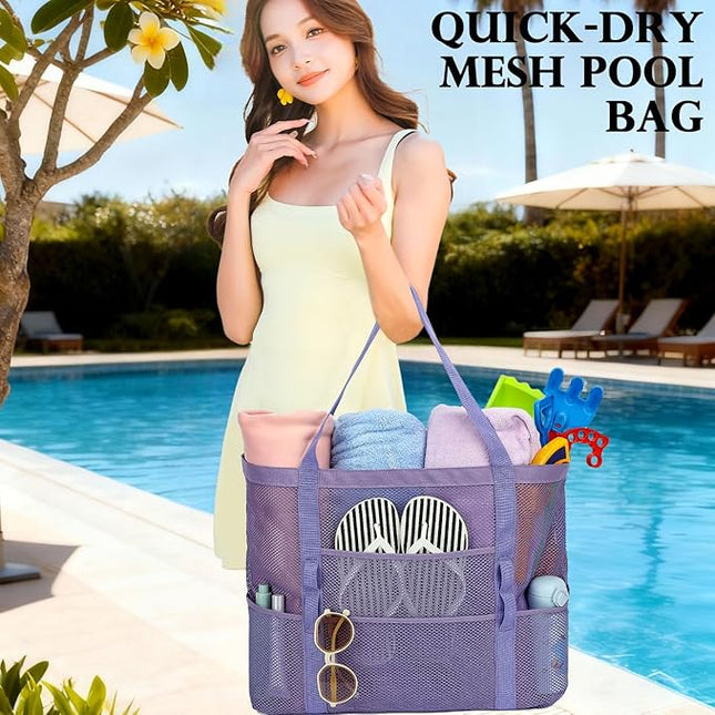Mesh Beach Bag, Large Beach Tote with Zipper Pocket, Toys Pool Bag for Family Travel Vacation Cruise Essentials