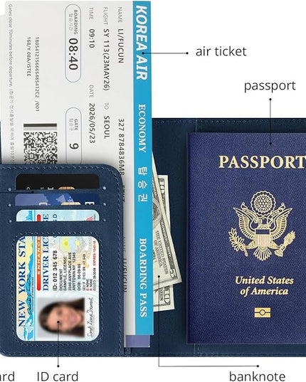 Passport Holder for Travel Essentials,RFID Blocking Passport Cover Wallet Card Case for Women and Men (Dark Blue)